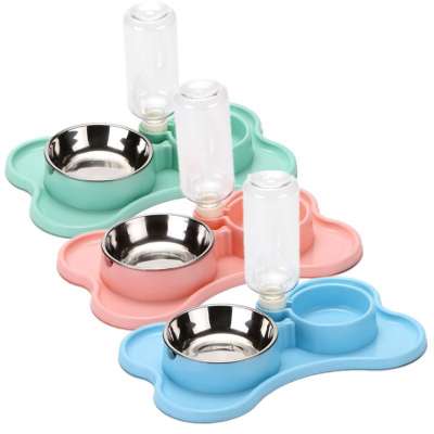 Anti Slip Stainless Steel Plastic Automatic Pet Slow Feeder 2 In 1 Pet Dog Food Water Bowl  With Water Bottle